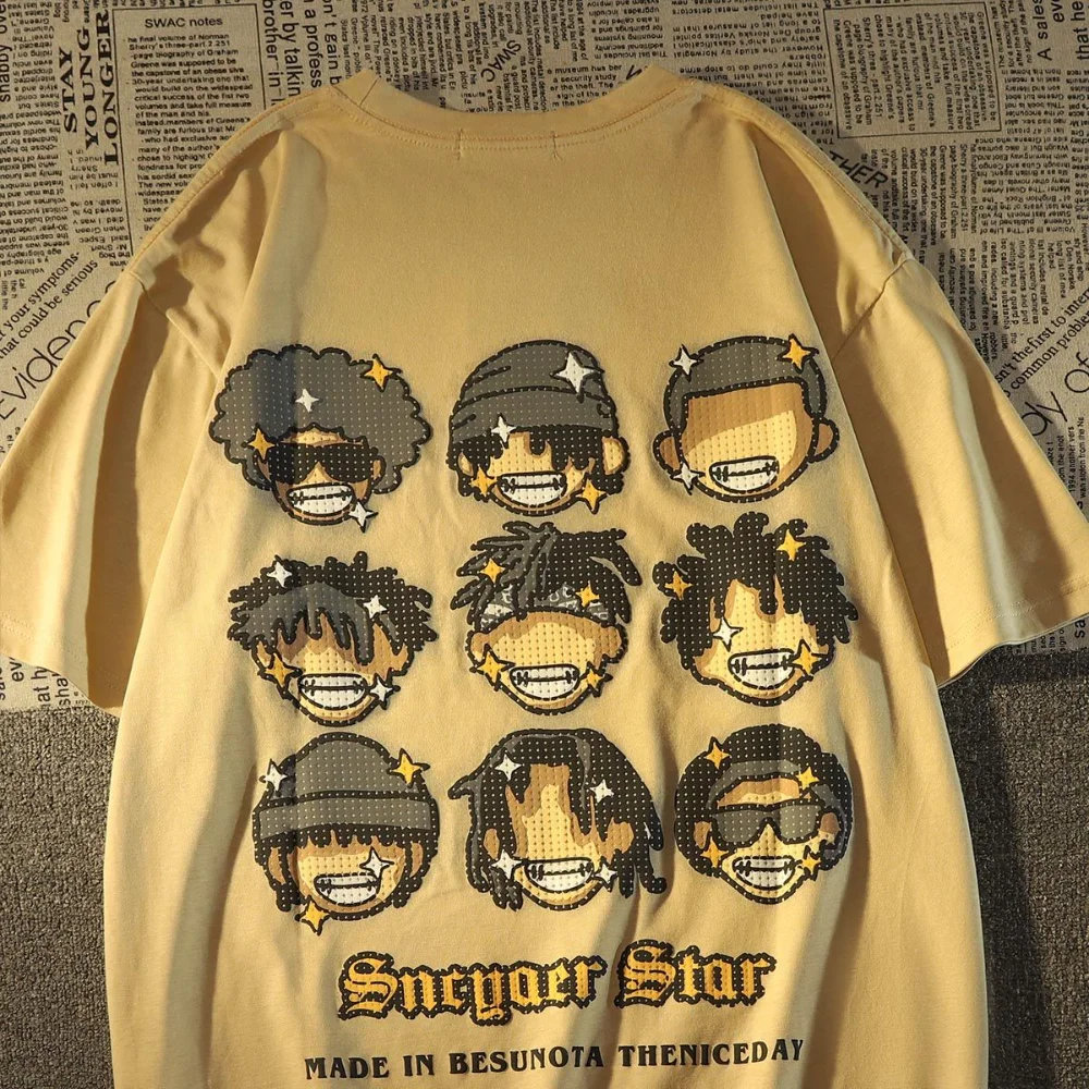 Темно-серые Винтажные Гранжевые футболки американского бренда Mens Fun Cartoon Y2k Топ Уличной моды Оверсайз с коротким рукавом Harajuku Tee