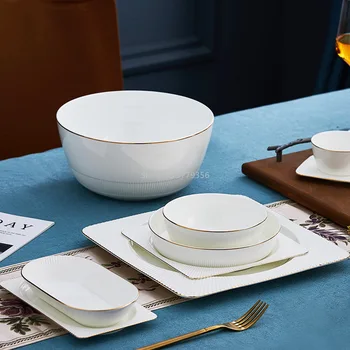Современный минималистичный гостиничный Набор керамических столовых приборов Овальная чаша с блюдом из белого золота с обводкой Прямоугольная тарелка большой емкости