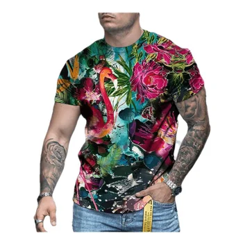 Мужская летняя футболка, повседневный топ свободного кроя, 3D принт с изображением фламенко и цветов растений, в стиле отпуска, большой размер, 2023