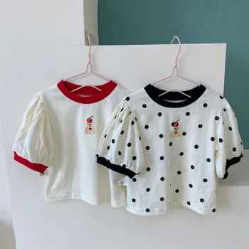 Корейский стиль, новинка 2021 года, летние футболки с мультяшной вышивкой для маленьких девочек, топы с пышными рукавами для малышей, милые футболки для девочек