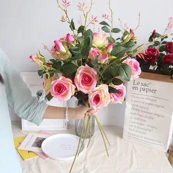 Украшение из шелковых цветов розы с 3 головками, ветви искусственных цветов из розового шелка, розы для украшения свадебного букета