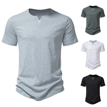 Новая летняя мужская повседневная футболка с V-образным вырезом и короткими рукавами из легкого хлопка, Однотонные тонкие топы, футболки для мужчин