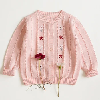 Свитер для маленьких девочек, милая розовая повседневная одежда, вязаный кардиган для девочек, осенний детский кардиган с цветочным рисунком, пальто для детей 2-7 лет