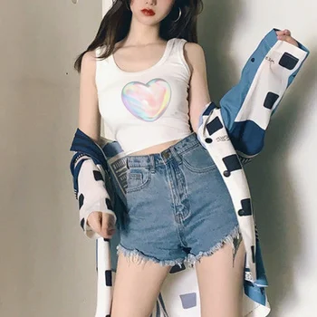 майка с сердечками, хиппи, кибер y2k, укороченный топ, женская корейская мода, милые уличные футболки 90-х, одежда