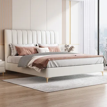 Современная и контрактная кровать из светлой кожи 1,8 метра, роскошная минималистичная кровать cream wind double advocate для супружеской кровати Hong Kay