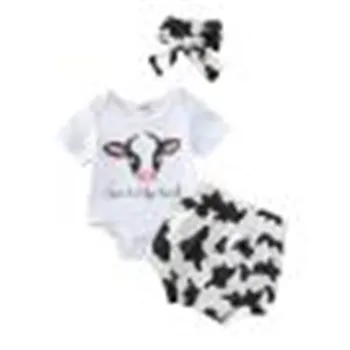 0-18 Месяцев Новорожденный Младенец, 3 предмета повседневной одежды, комбинезон с рисунком молочной коровы с надписью для девочки, шорты, повязка на голову, Комплект одежды для малышей