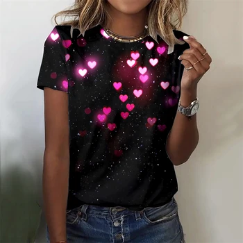 Модные футболки с 3D принтом в виде сердца, Женская футболка С круглым вырезом, Уличная одежда в стиле Харадзюку, Топы, Женские Y2K, Футболки Оверсайз, Женская одежда