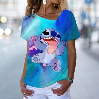 Новые женские футболки с принтом Disney Stitch, Женские топы, Толстовки с V-образным вырезом, Футболки Для девочек, Уличная летняя одежда 5xl