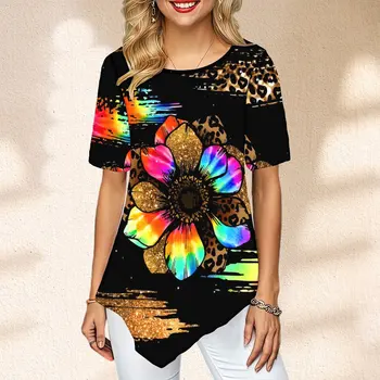 Женская модная футболка с коротким рукавом с леопардовым принтом подсолнуха Y2k Y2k уличная одежда