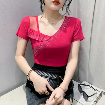 Летние сетчатые топы 2023, Корейская модная рубашка с косым воротником и рюшами, Женская футболка с бриллиантами и длинным рукавом
