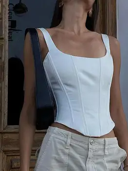 Модное однотонное бандажное бюстье без рукавов, укороченные топы 2023, Женская тонкая футболка, уличная одежда, сексуальный корсет с квадратным вырезом, майка с открытой спиной