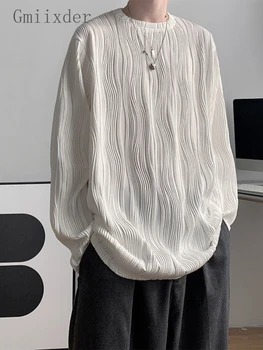 Gmiixder Осенняя футболка с длинными рукавами Мужская Корейская Оверсайз Плиссированный Мятый Топ Темпераментный Пуловер С круглым вырезом Повседневная Мужская одежда