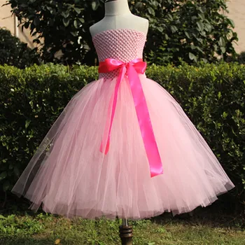 Красивое розовое свадебное платье-пачка для девочек, детское пышное вязаное крючком бальное платье-пачка из тюля с бантом из ленты, детские Дешевые вечерние платья