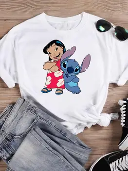 Летняя футболка Disney Stitch, женские футболки с рисунком 