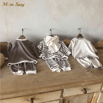 Комплект одежды из ткани для новорожденных девочек и мальчиков, толстовка + брюки, детская хлопчатобумажная одежда, пуловер с длинными рукавами, детская одежда 9 м-2Y