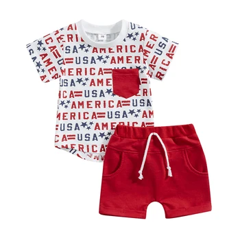 FOCUSNORM, День независимости, Комплекты одежды для мальчиков от 0 до 4 лет, Футболка с буквенным принтом с коротким рукавом + Короткие брюки на шнурке