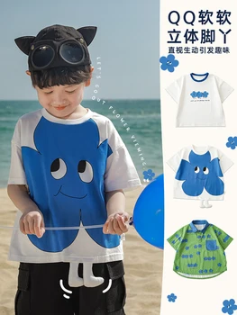 Летняя детская футболка с коротким рукавом и принтом в виде цветов и звезд, Новинка 2023 года, поло для мальчиков
