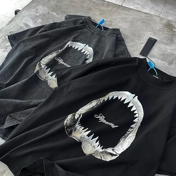 23ss новая футболка Shark Jaws с принтом зубов акулы high street Vintage наивысшего качества из 100% хлопка для мужчин и женщин, свободная футболка с коротким рукавом