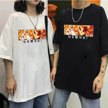 Одежда с принтом Demon Slayer, Свободная футболка унисекс, топ с круглым вырезом, одежда с принтом Rengoku Kyoujurou
