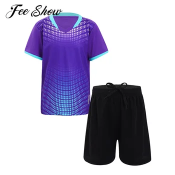 Комплекты формы футбольной команды для мальчиков, быстросохнущие спортивные костюмы, футболка с V-образным вырезом и коротким рукавом, топ + Шорты со средней талией, одежда для бега