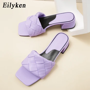 Eilyken/ Новые модные женские тапочки черного и фиолетового цвета с плетением, женские босоножки на высоком квадратном каблуке, сандалии с квадратным носком, Летняя обувь