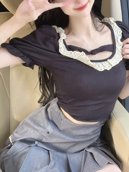 2023 Летняя Милая блузка Kawaii, Офисная Женская Повседневная футболка с коротким рукавом, женская элегантная вечеринка, укороченный топ Y2k, Корейский Модный Шик