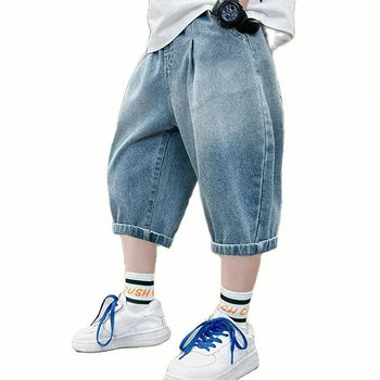 Летние джинсы для мальчика, однотонные джинсы для мальчиков, короткие джинсы в повседневном стиле, детская одежда для подростков 6 8 10 12 14