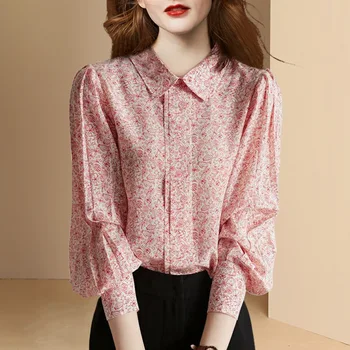 2023 Элегантные женские винтажные дизайнерские блузки на лето, женская шифоновая рубашка с цветочным принтом для поездок на работу, женственные топы-рубашки