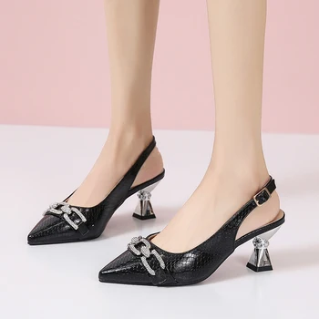 Дизайнерская женская обувь 2023 Летние Черные туфли на высоком каблуке, Роскошные женские босоножки со стразами, Модные вечерние туфли с острым носком Zapatos