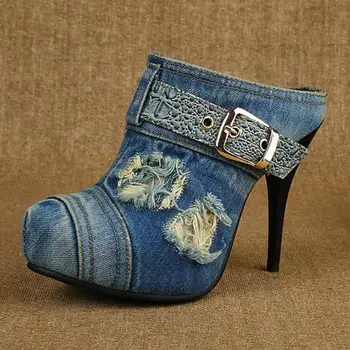 Весенне-летние модные синие джинсовые туфли на высоком каблуке, босоножки на тонком каблуке, Женская обувь в этническом стиле, винтажные джинсовые туфли на высоком каблуке