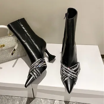 Классические туфли-лодочки со стразами, Женские туфли на шпильке с острым носком, модные ботинки Zapatillas Mujer из лакированной кожи на молнии на высоком каблуке