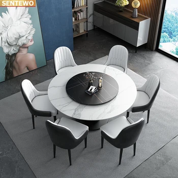 Дизайнерский Роскошный обеденный стол из круглой мраморной плиты с 4 стульями mesa de jantar posta furniture marbre с золотой основой из нержавеющей стали