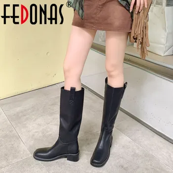 Бренд FEDONAS/ Классические женские сапоги до колена из натуральной кожи, офисные высокие ботинки с квадратным носком на толстом каблуке, осенне-зимняя женская обувь