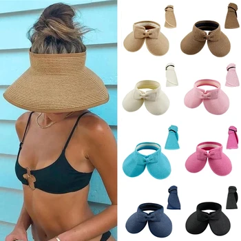 2023 Новая Летняя Складная женская соломенная шляпа с закатывающимся солнцезащитным козырьком, широкими полями, Упаковываемая кепка с защитой от ультрафиолета для пляжных путешествий, капор