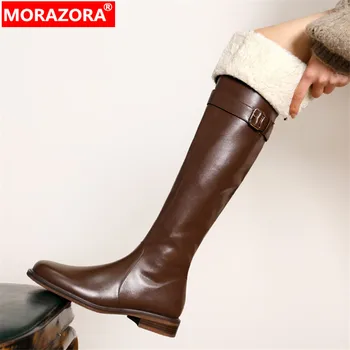 MORAZORA / 2023 г. Новые женские туфли на среднем квадратном каблуке, синтетические зимние женские ботинки на платформе, сапоги выше колена на молнии