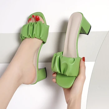 Летние женские тапочки на квадратном каблуке 2023, женские босоножки на высоком каблуке, плиссированные зелено-оранжевые Сексуальные элегантные туфли большого размера