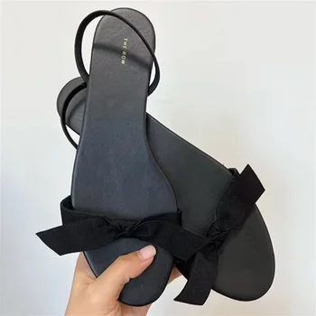 Новые бархатные босоножки на плоской подошве с ремешком сзади и бантиком, модные туфли Muller