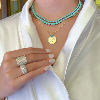 Роскошное дизайнерское женское свадебное ожерелье в форме сердца из голубой бирюзы, Теннисные цепочки с камнями, браслет, Набор ювелирных изделий золотого цвета