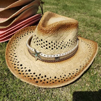 Ковбойская соломенная шляпа ручной работы с градиентом, Женская Мужская Летняя пляжная шляпа для путешествий на открытом воздухе, Западная кепка от солнца 2023
