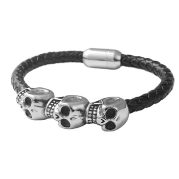 Мужской 8-дюймовый кожаный браслет в байкерском стиле из нержавеющей стали в стиле панк с черным черепом, мужской