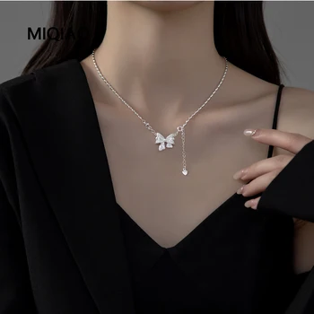 MIQIAO Серебряное ожерелье 925 пробы для женщин, ювелирные изделия, подвеска в виде банта, цепочка из бобовых бусин, женская цепочка на шею