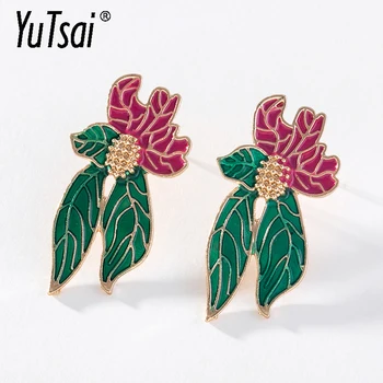 Модные серьги-гвоздики YUTSAI с зелеными листьями, Элегантные геометрические серьги неправильной формы, окрашенные в красный цвет, для женщин, ювелирные изделия, подарки YT1178