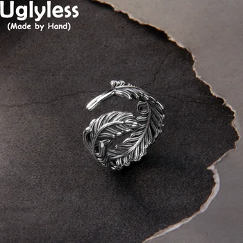 Безобразные темно-черные кольца с перьями ветра для женщин Кольца с листьями из настоящего серебра 925 пробы, Тайское серебро, креативные украшения, Экзотическое кольцо