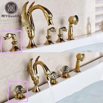 Латунный золотой смеситель для ванны в стиле золотого лебедя, устанавливаемый на бортике для ванны с горячей и холодной водой, смесители для душа