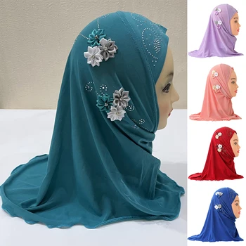 Хиджаб с кепкой, закрывающей шею, Тюрбан, детский шарф, цветочный хиджаб, детская шляпа-капор, мусульманский головной платок, шапочки, повязка на голову