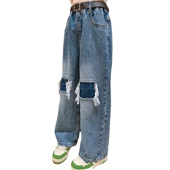 Джинсы для девочек-подростков, широкие Длинные брюки, Цветные джинсовые брюки с заплатками для детей 4-12 14 16 лет, без пояса