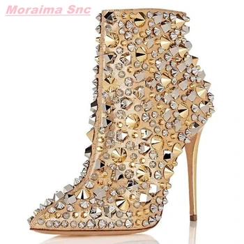 Модные ботильоны с кристаллами 2022 года, Однотонная блестящая уникальная женская обувь на высоком каблуке с боковой молнией, на шпильке, для подиума, для подиума, пикантная новая обувь для подиума