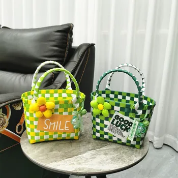 Тканая сумка-ведро, пляжная сумка для отдыха, женская модная сумочка, корзина для овощей на каждый день, Тканые сумки из ПВХ, Женская сумка-тоут, Сувенирная корзина