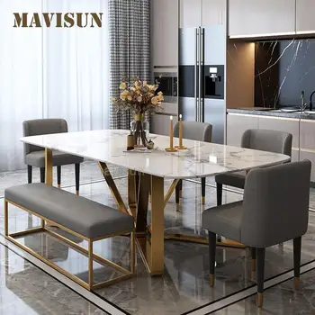 Легкая роскошная мебель из нержавеющей стали Обеденный стол в скандинавском минималистичном дизайне, высококачественный золотой мрамор, Один стол и шесть стульев