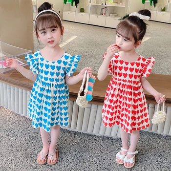 Летнее платье для девочки с рисунком сердечка, праздничное платье для девочек, детские платья для малышей, детский костюм